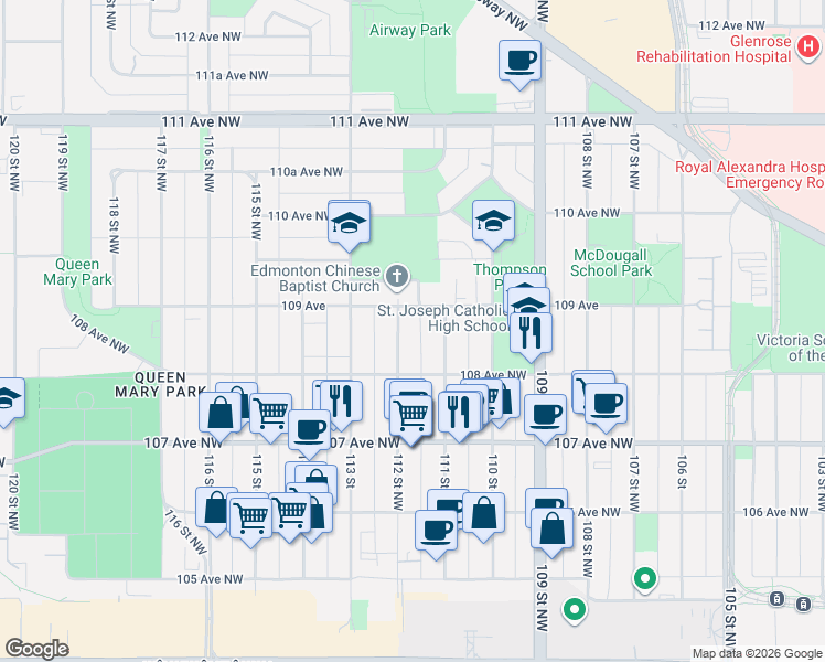 map of restaurants, bars, coffee shops, grocery stores, and more near in Edmonton