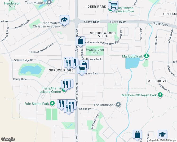 map of restaurants, bars, coffee shops, grocery stores, and more near 24 Harrington Bay in Spruce Grove