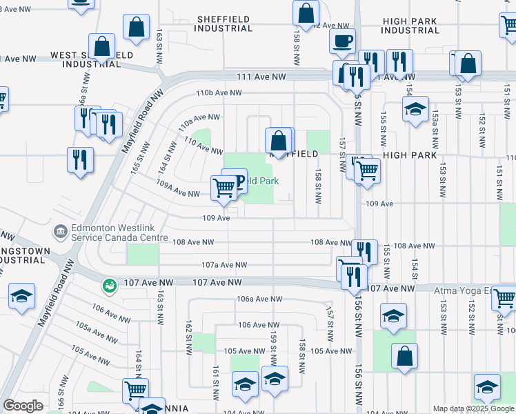 map of restaurants, bars, coffee shops, grocery stores, and more near 15930 109 Avenue Northwest in Edmonton