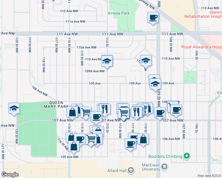 map of restaurants, bars, coffee shops, grocery stores, and more near in Edmonton