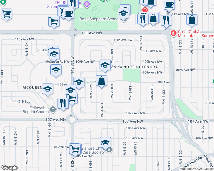 map of restaurants, bars, coffee shops, grocery stores, and more near 13811 109 Avenue Northwest in Edmonton