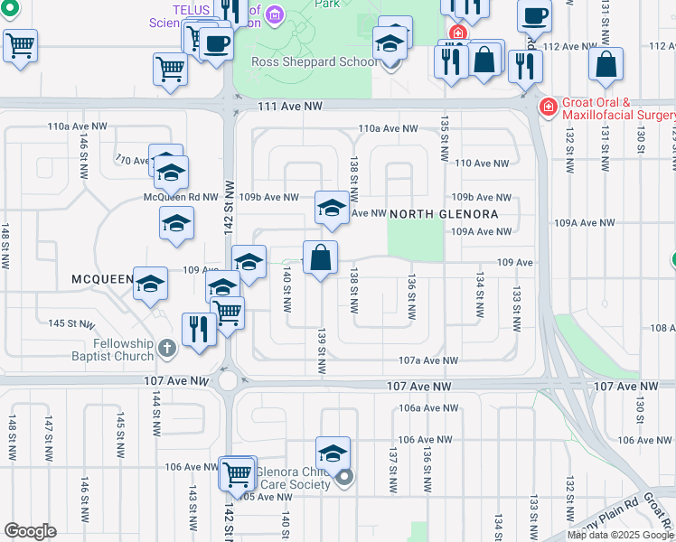 map of restaurants, bars, coffee shops, grocery stores, and more near 13811 109 Avenue Northwest in Edmonton