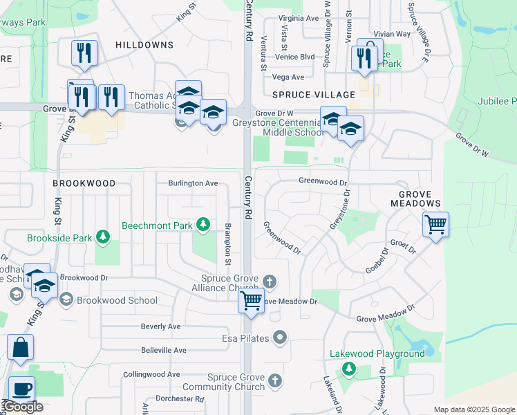 map of restaurants, bars, coffee shops, grocery stores, and more near 38 Greenwood Drive in Spruce Grove