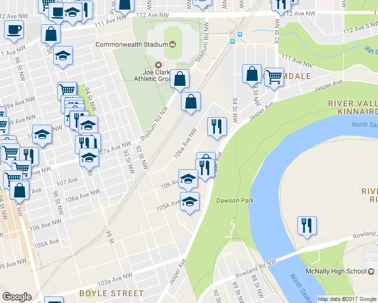 map of restaurants, bars, coffee shops, grocery stores, and more near 8640 106 Avenue Northwest in Edmonton