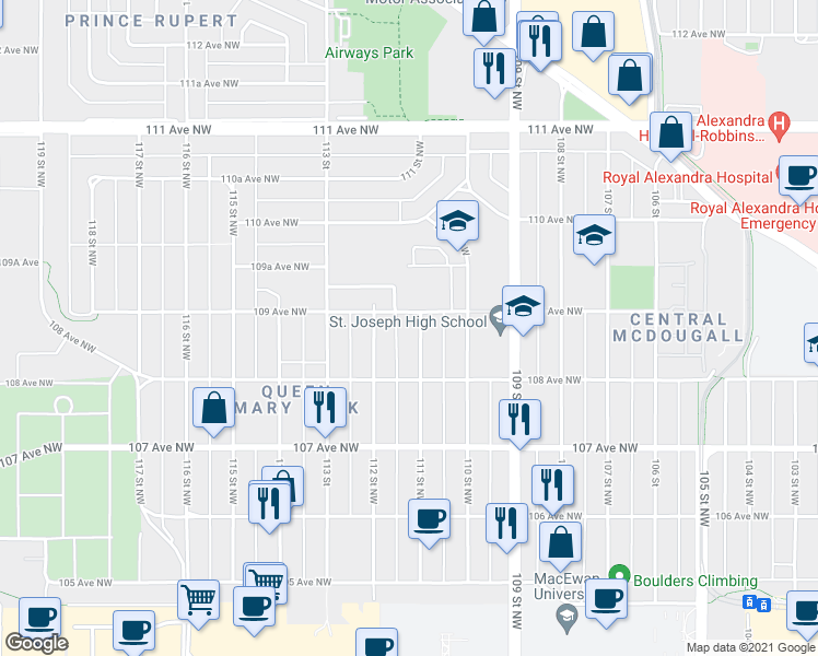 map of restaurants, bars, coffee shops, grocery stores, and more near in Edmonton