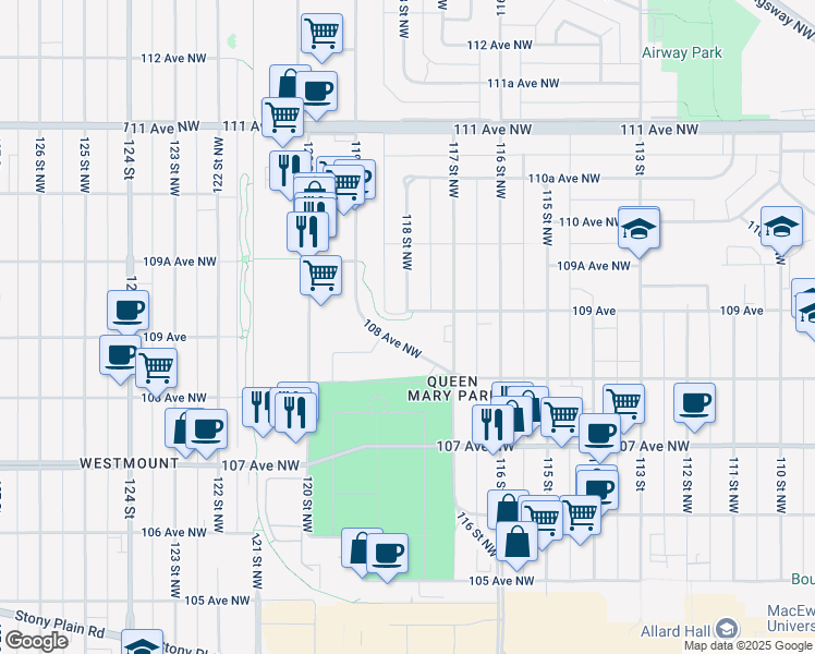 map of restaurants, bars, coffee shops, grocery stores, and more near 10844 117 Street Northwest in Edmonton