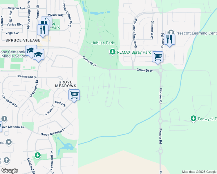 map of restaurants, bars, coffee shops, grocery stores, and more near Timbre Way in Spruce Grove