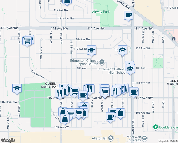 map of restaurants, bars, coffee shops, grocery stores, and more near 10860 113 Street Northwest in Edmonton
