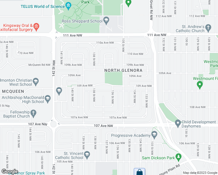 map of restaurants, bars, coffee shops, grocery stores, and more near 13607 109 Avenue Northwest in Edmonton