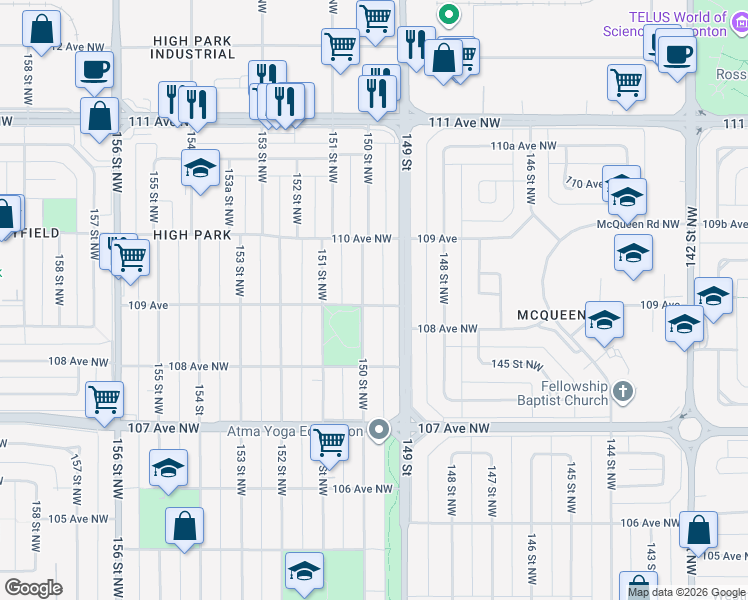 map of restaurants, bars, coffee shops, grocery stores, and more near 10906 150 Street Northwest in Edmonton