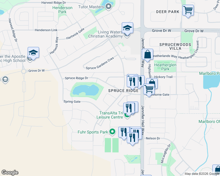 map of restaurants, bars, coffee shops, grocery stores, and more near 29 Spruce Ridge Drive in Spruce Grove
