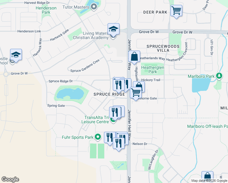 map of restaurants, bars, coffee shops, grocery stores, and more near in Spruce Grove