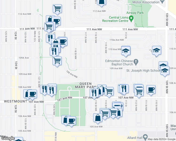 map of restaurants, bars, coffee shops, grocery stores, and more near 10849 117 Street Northwest in Edmonton