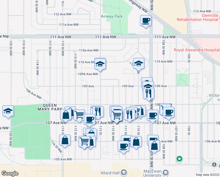 map of restaurants, bars, coffee shops, grocery stores, and more near 11211 109 Avenue Northwest in Edmonton