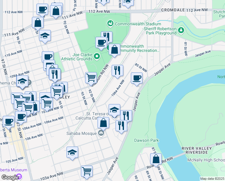 map of restaurants, bars, coffee shops, grocery stores, and more near 8720 106A Avenue in Edmonton