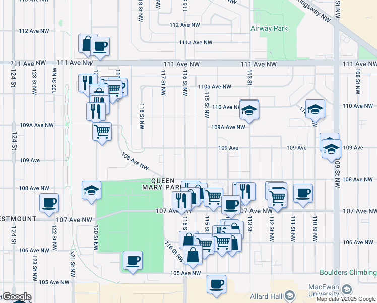 map of restaurants, bars, coffee shops, grocery stores, and more near 10845 116 Street Northwest in Edmonton