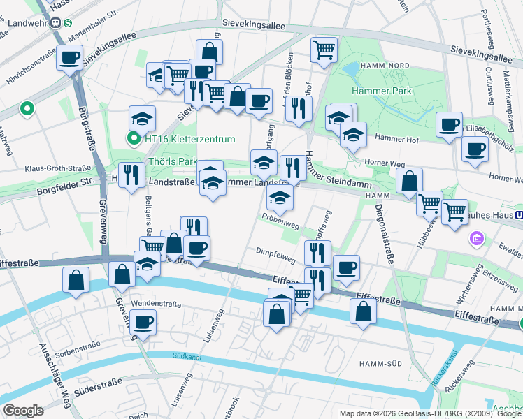 map of restaurants, bars, coffee shops, grocery stores, and more near 9-11 Luisenweg in Hamburg
