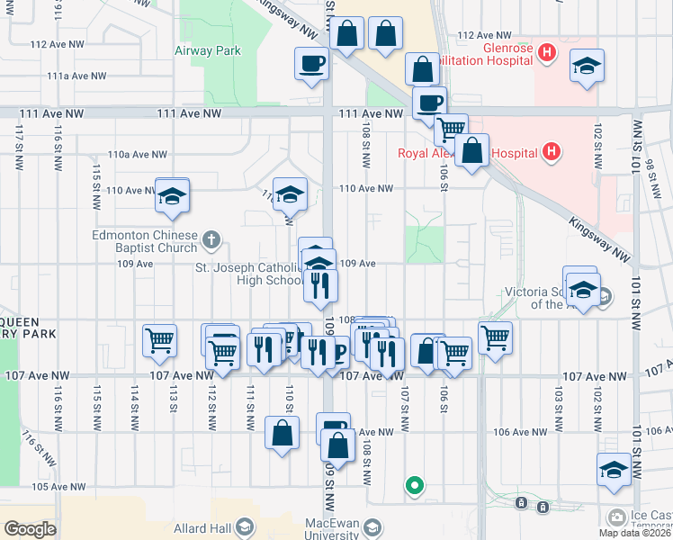map of restaurants, bars, coffee shops, grocery stores, and more near 10819 109 Avenue Northwest in Edmonton
