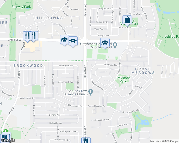 map of restaurants, bars, coffee shops, grocery stores, and more near 42 Greenwood Drive in Spruce Grove