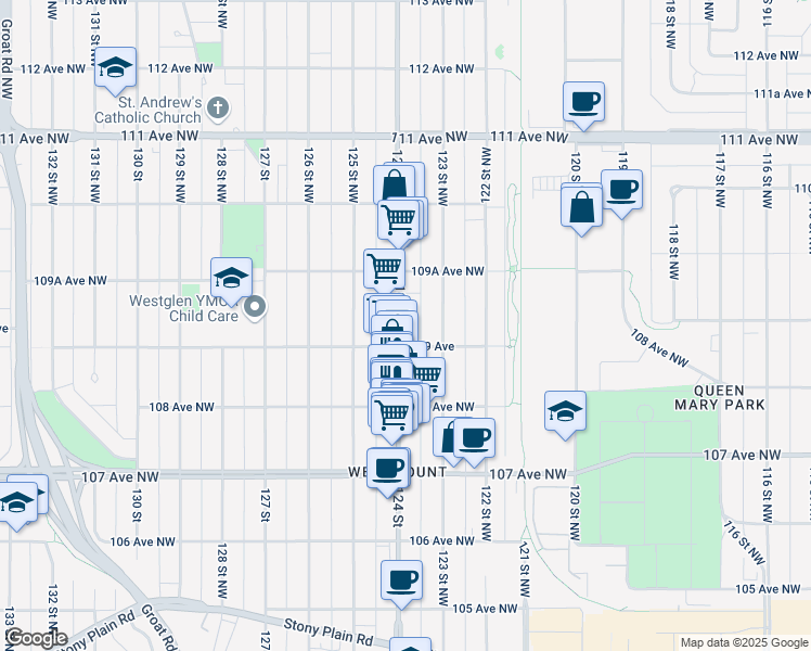 map of restaurants, bars, coffee shops, grocery stores, and more near 10915 124 Street Northwest in Edmonton