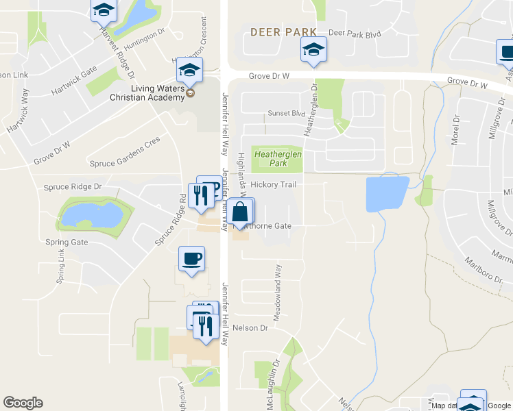 map of restaurants, bars, coffee shops, grocery stores, and more near 24 Harrington Bay in Spruce Grove