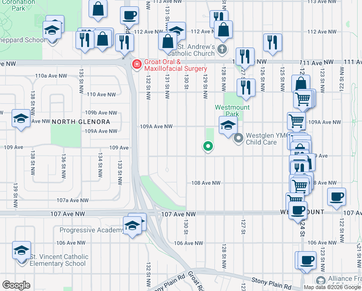 map of restaurants, bars, coffee shops, grocery stores, and more near 10920 130 Street Northwest in Edmonton