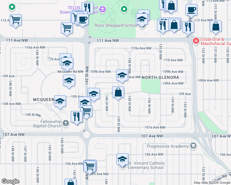 map of restaurants, bars, coffee shops, grocery stores, and more near in Edmonton