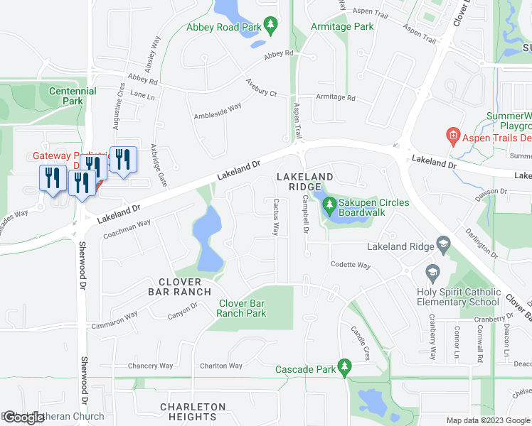 map of restaurants, bars, coffee shops, grocery stores, and more near 126 Catalina Drive in Sherwood Park