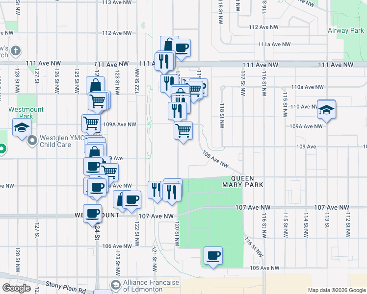 map of restaurants, bars, coffee shops, grocery stores, and more near 10917 120 Street Northwest in Edmonton