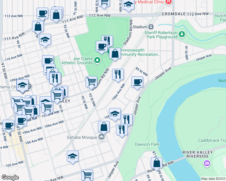 map of restaurants, bars, coffee shops, grocery stores, and more near 8720 106A Avenue in Edmonton