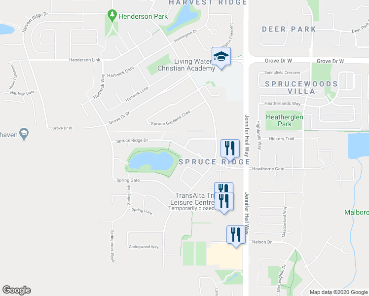 map of restaurants, bars, coffee shops, grocery stores, and more near Spruce Ridge Drive in Spruce Grove