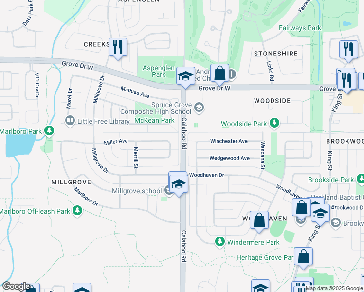 map of restaurants, bars, coffee shops, grocery stores, and more near Calahoo Road in Spruce Grove