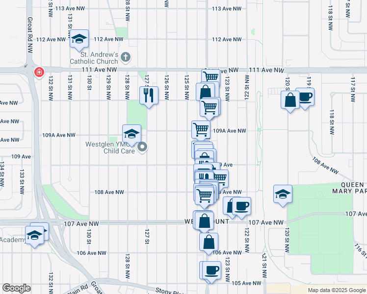 map of restaurants, bars, coffee shops, grocery stores, and more near 10930 125 Street Northwest in Edmonton