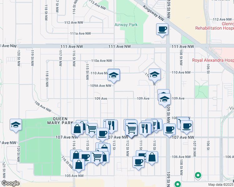 map of restaurants, bars, coffee shops, grocery stores, and more near in Edmonton