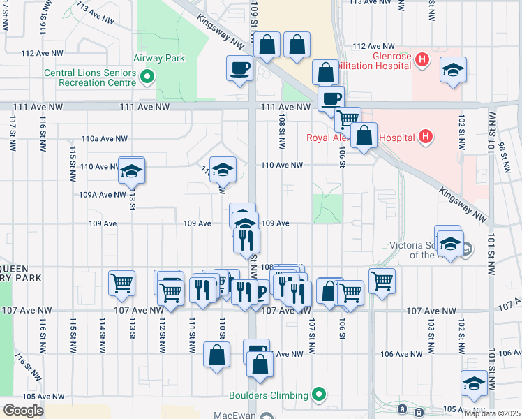 map of restaurants, bars, coffee shops, grocery stores, and more near 10819 109 Avenue Northwest in Edmonton