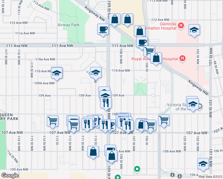 map of restaurants, bars, coffee shops, grocery stores, and more near 10917 109 Street Northwest in Edmonton