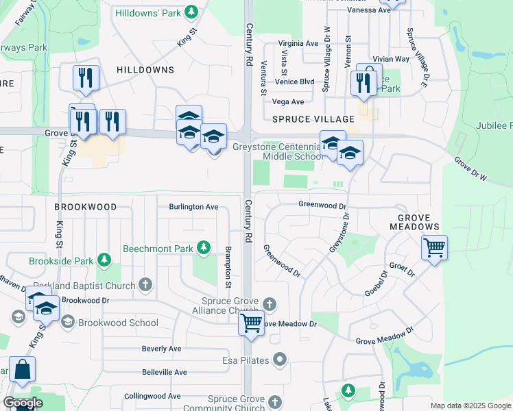 map of restaurants, bars, coffee shops, grocery stores, and more near 42 Greenwood Drive in Spruce Grove