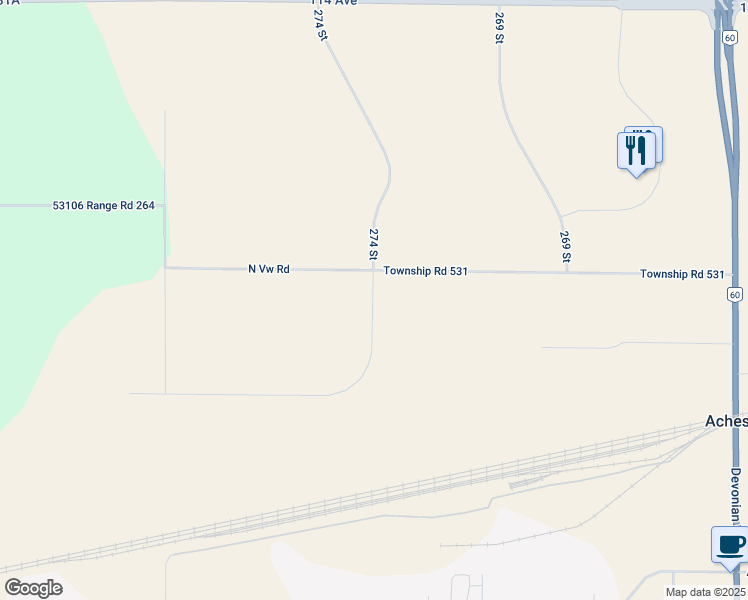 map of restaurants, bars, coffee shops, grocery stores, and more near 51308 Range Road 263a in Acheson