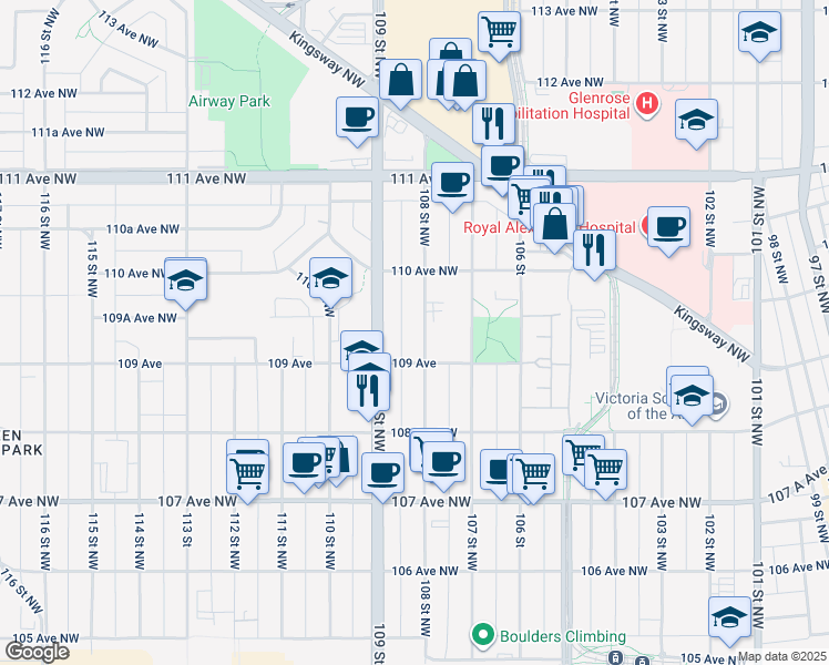 map of restaurants, bars, coffee shops, grocery stores, and more near 10952 108 Street Northwest in Edmonton