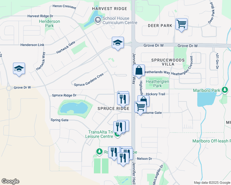 map of restaurants, bars, coffee shops, grocery stores, and more near 300 Spruce Ridge Road in Spruce Grove