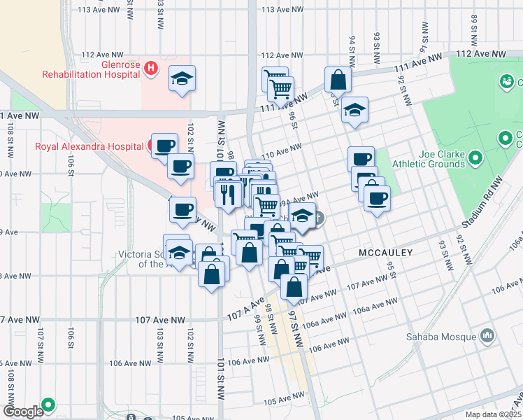 map of restaurants, bars, coffee shops, grocery stores, and more near in Edmonton