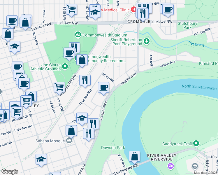 map of restaurants, bars, coffee shops, grocery stores, and more near 8515 106A Avenue Northwest in Edmonton