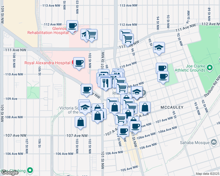 map of restaurants, bars, coffee shops, grocery stores, and more near 10898 98 Street Northwest in Edmonton