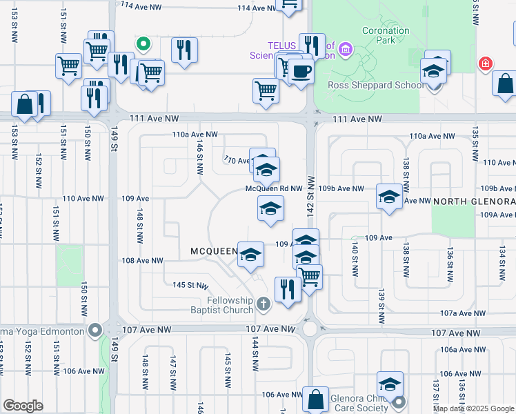 map of restaurants, bars, coffee shops, grocery stores, and more near 14345 McQueen Road Northwest in Edmonton