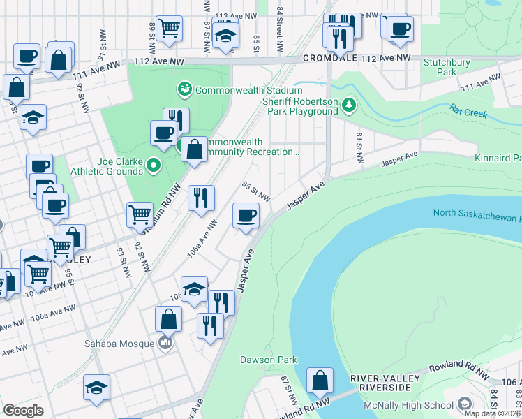 map of restaurants, bars, coffee shops, grocery stores, and more near 8515 106A Avenue Northwest in Edmonton