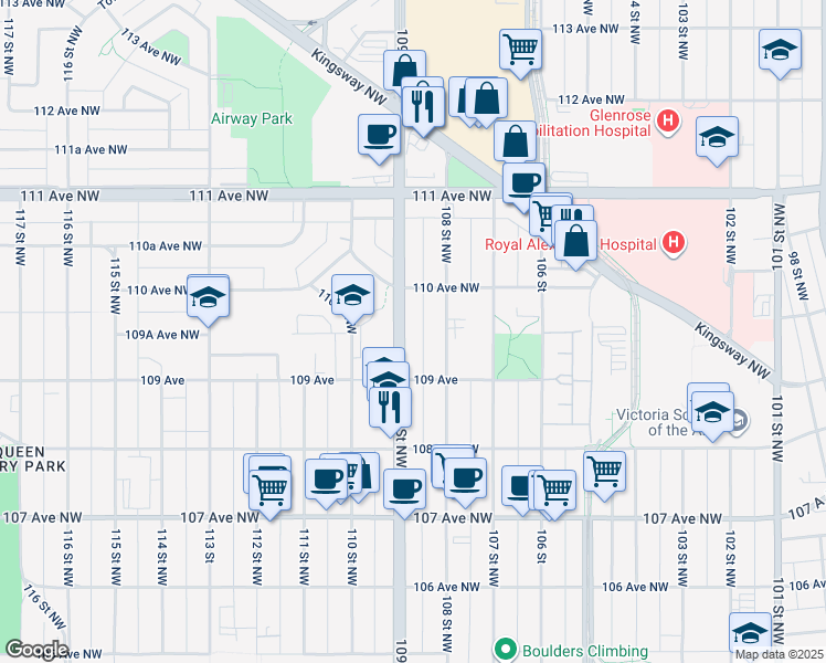 map of restaurants, bars, coffee shops, grocery stores, and more near 10949 109 Street Northwest in Edmonton