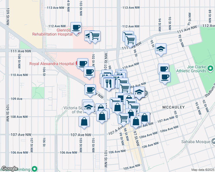 map of restaurants, bars, coffee shops, grocery stores, and more near 10898 98 Street Northwest in Edmonton