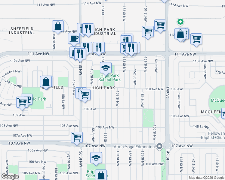 map of restaurants, bars, coffee shops, grocery stores, and more near 10948 153 Street Northwest in Edmonton