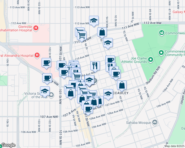 map of restaurants, bars, coffee shops, grocery stores, and more near 10902 96 Street in Edmonton