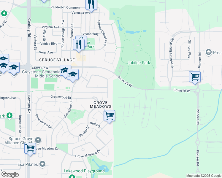 map of restaurants, bars, coffee shops, grocery stores, and more near 80 Greystone Crescent in Spruce Grove